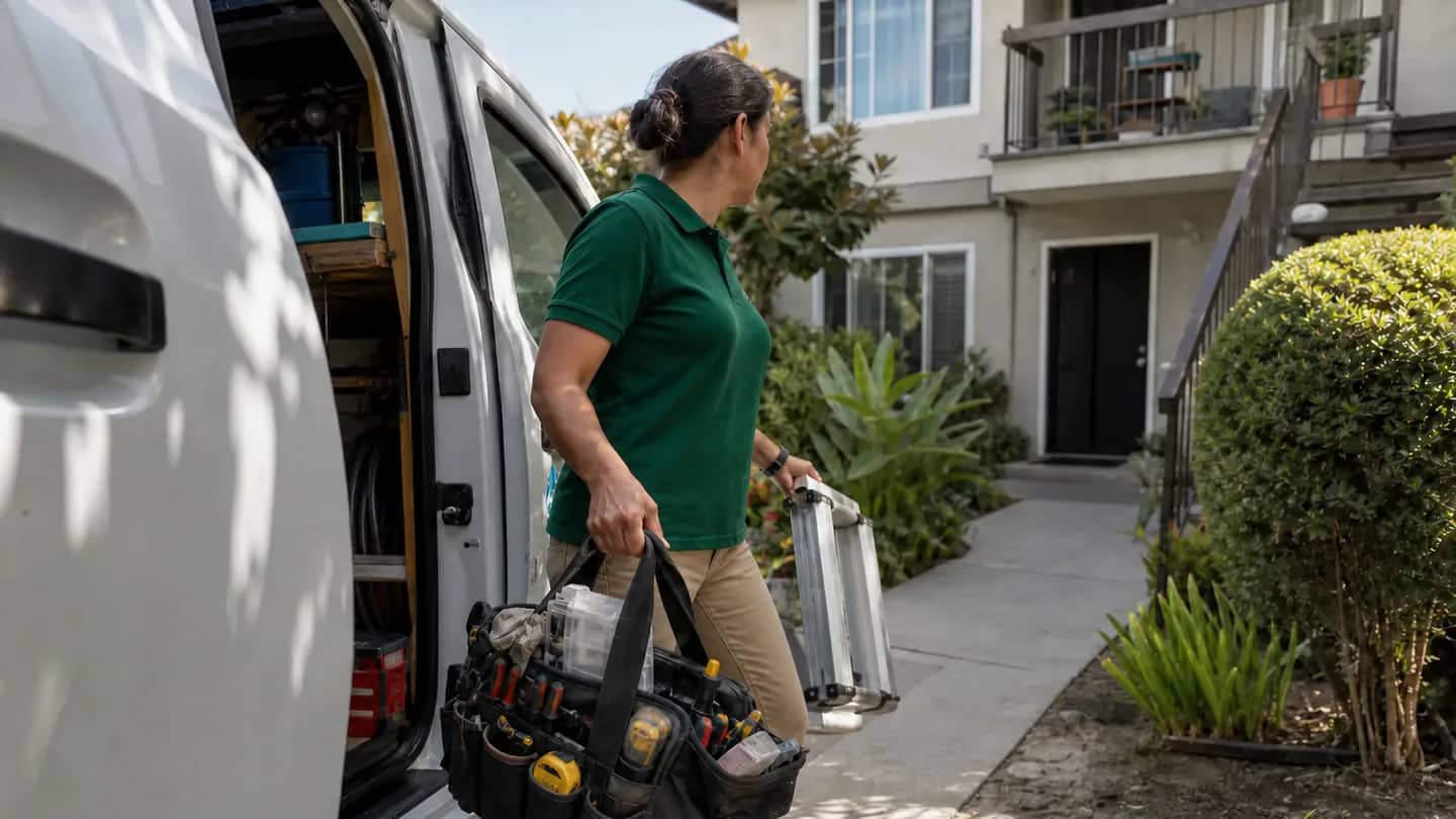Paloma Pro technician arriving at a Long Beach residence with practical trade equipment