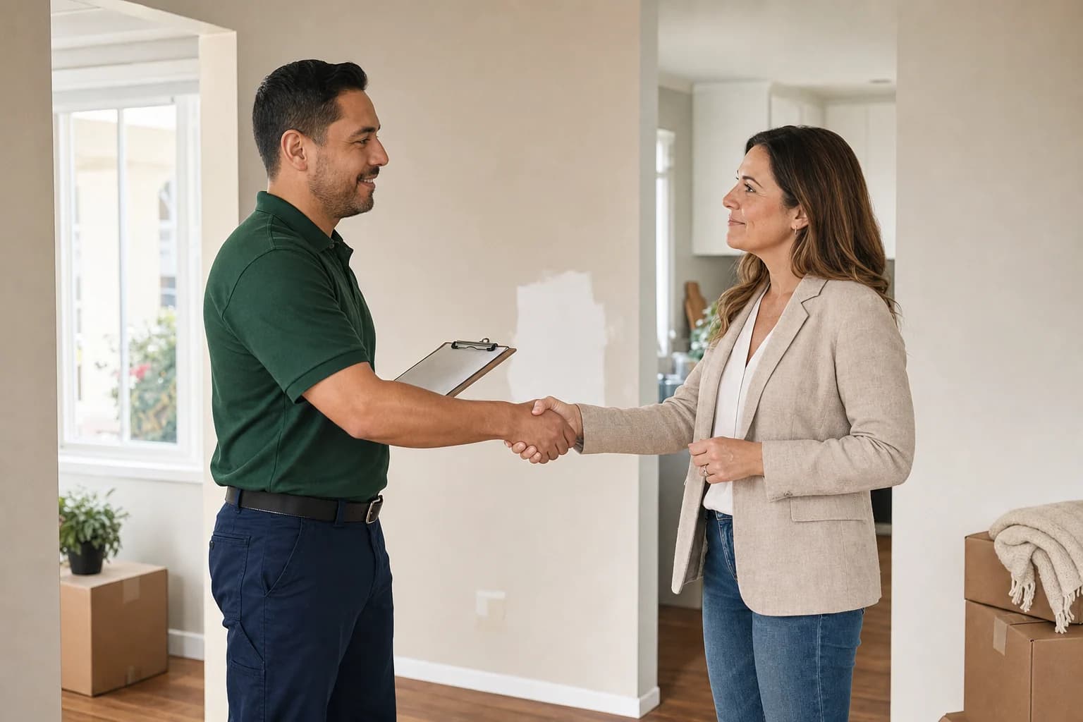 Real estate professional meeting a service professional beside a wall paint sample in a home