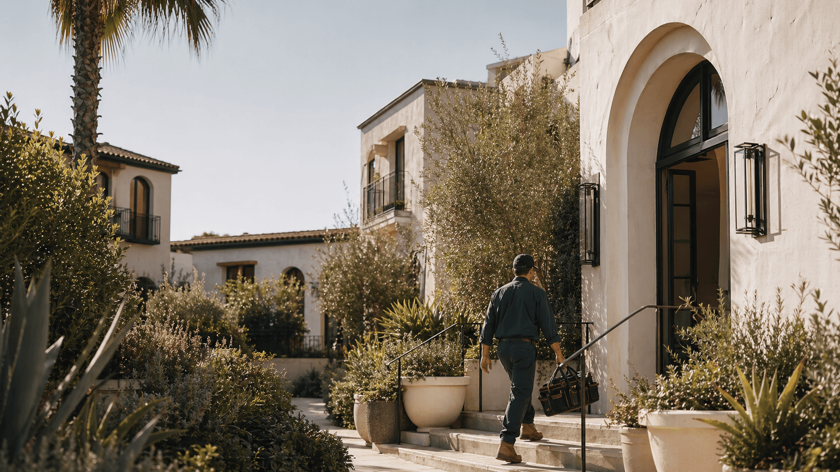 Home-service professional arriving at a landscaped coastal courtyard
