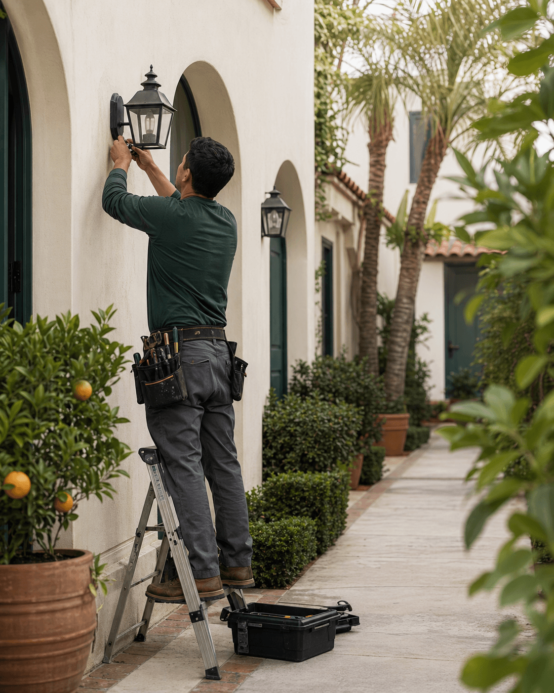 Home-service professional maintaining an exterior fixture at a coastal residence