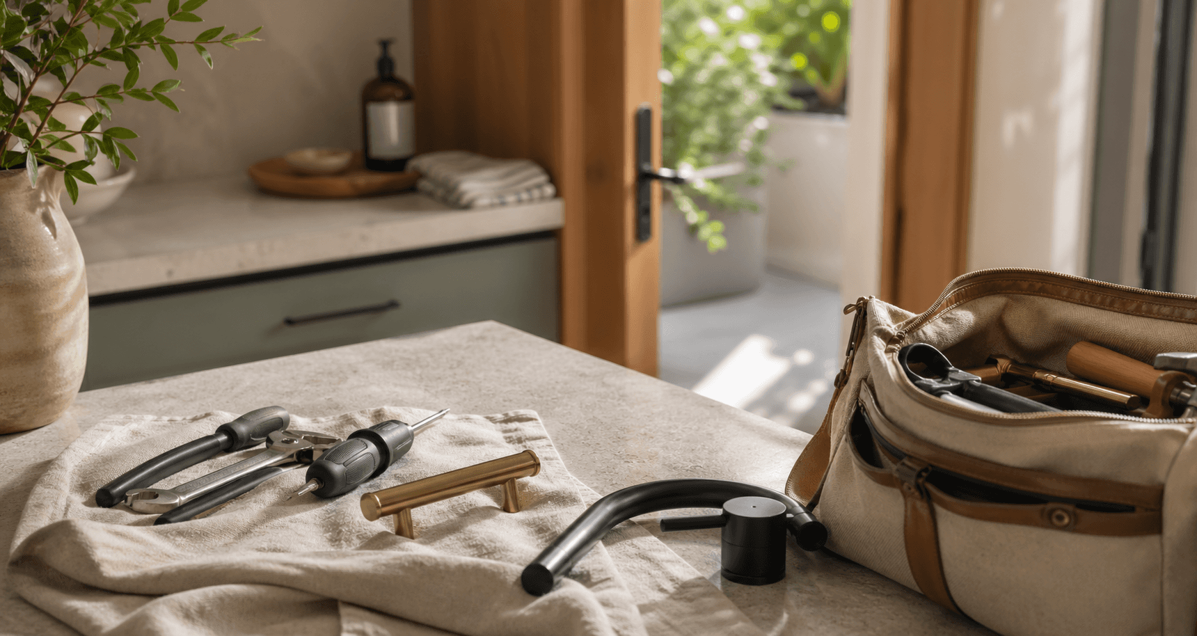 Carefully organized home-service tools in a refined residential interior
