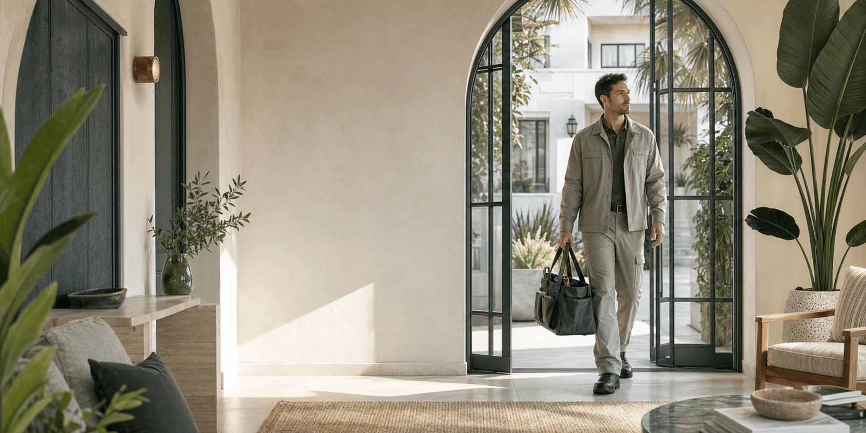 Polished home-service professional arriving through an arched coastal entry