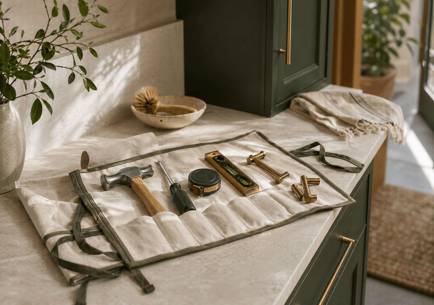 Organized hand tools prepared beside a written home repair punch list